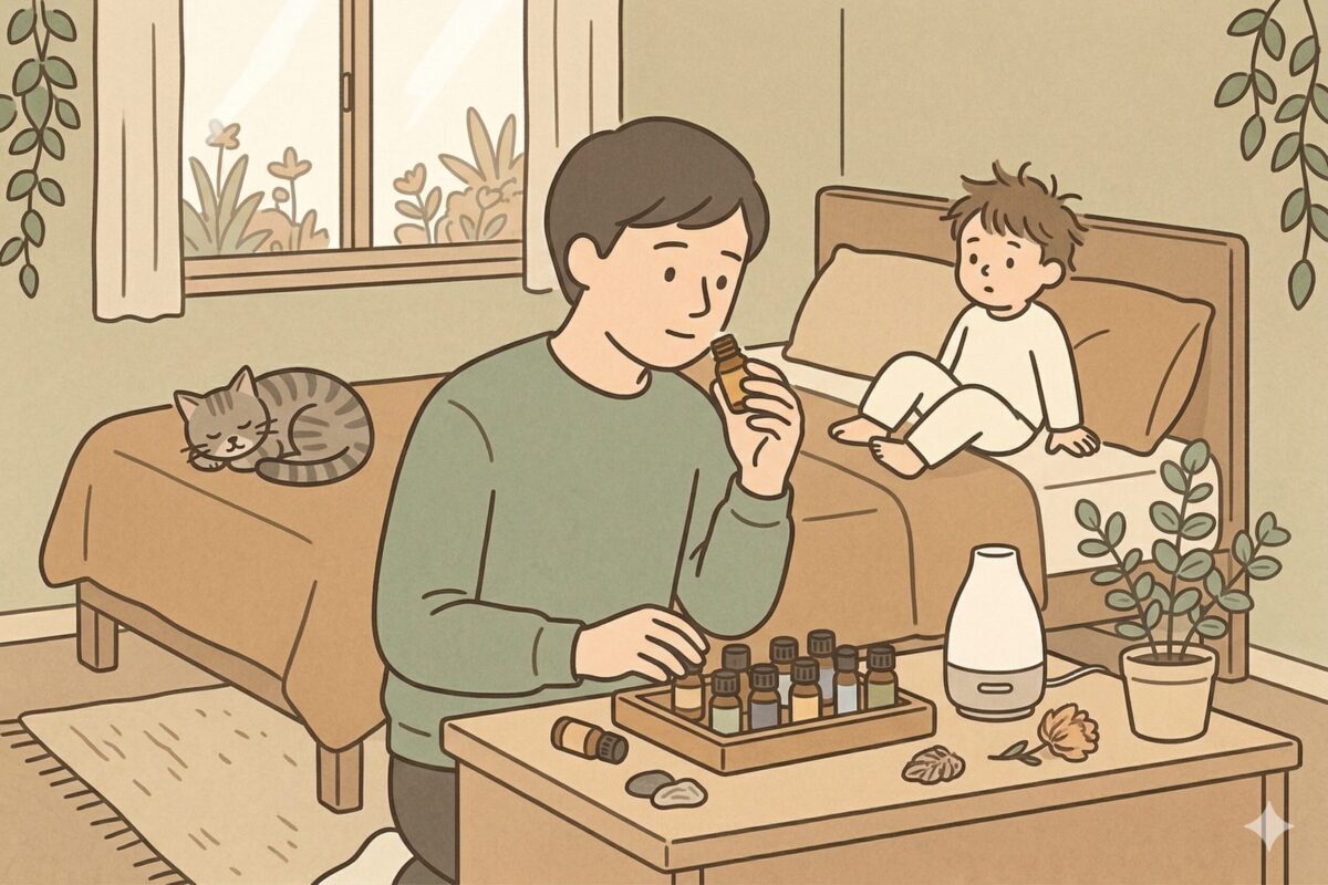 ベッドルームでアロマディフューザーとたくさんの精油の小瓶を前に、香りを嗅いで比較している男性のイラスト。後ろのベッドには眠っているトラ猫と小さな子どもが描かれている。