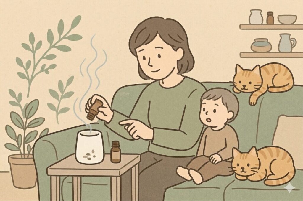 リビングのソファで無印良品のアロマストーンにアロマオイルを数滴垂らす女性と、くつろぐ子どもと猫のイラスト