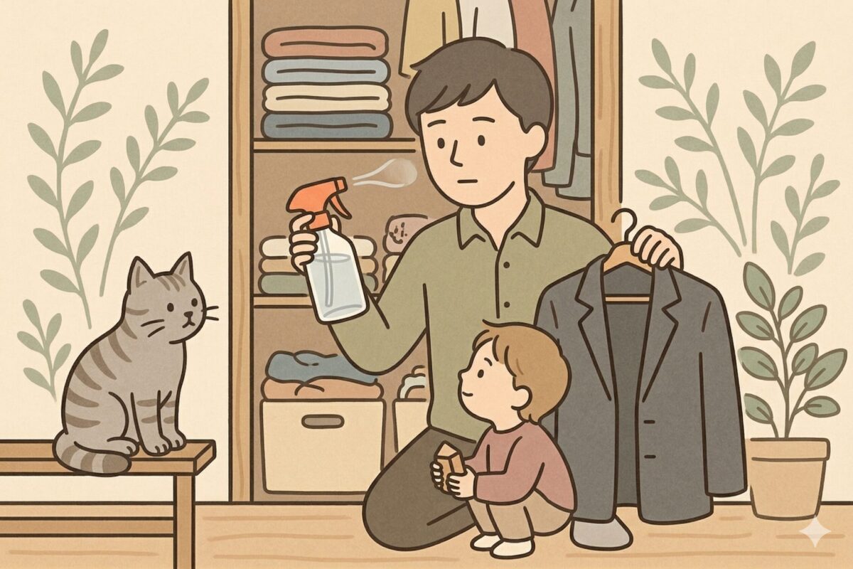 「クローゼットの前で洋服に無印良品のフレグランスミストをスプレーしようとしている男性と、そのそばにいる子供と猫のイラスト」