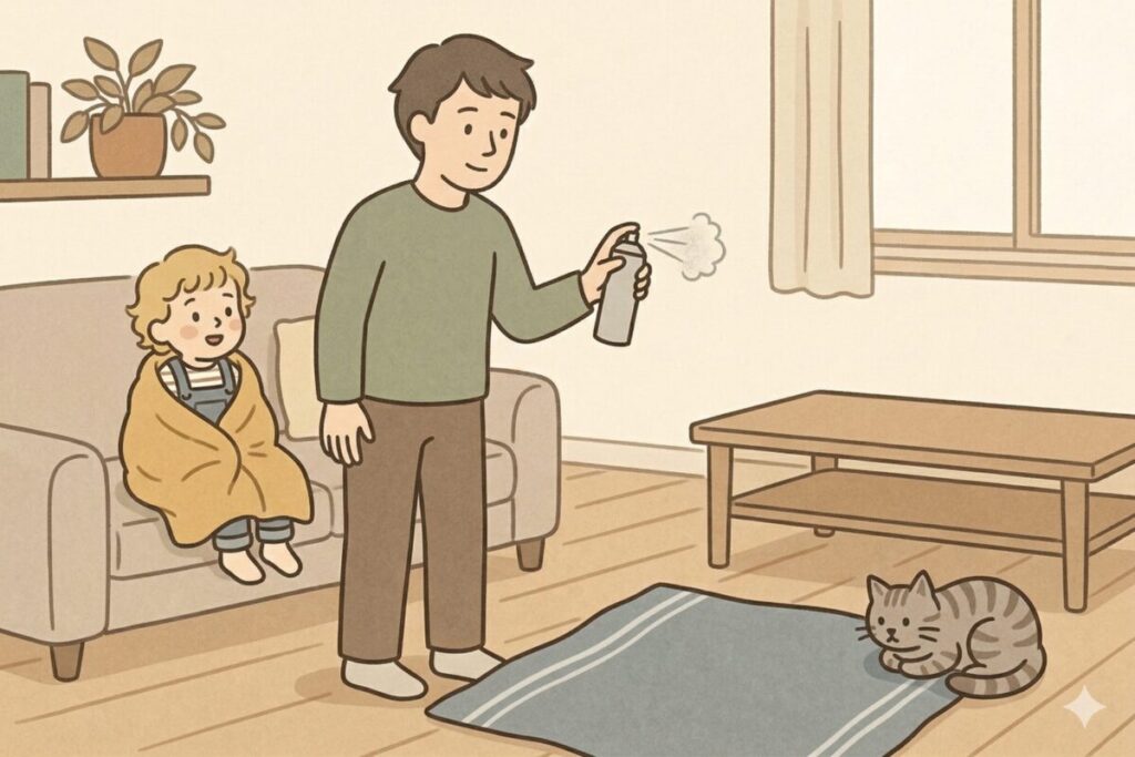 ルームスプレー使用時の床の汚れ防止対策として、床にバスタオルを敷いている男性と、その横にいる子どもと猫のイラスト
