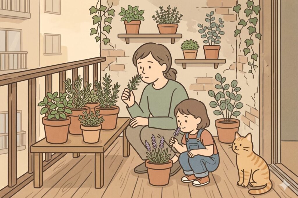 ベランダでローズマリーの香りを確かめる女性と子ども、猫のイラスト。自分に合うアロマオイルの選び方のイメージ。