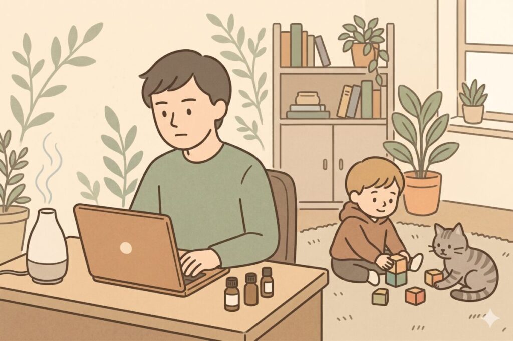 家族や猫がいる自宅でのテレワーク中に、安全に配慮しながらアロマディフューザーを使用している男性のイラスト