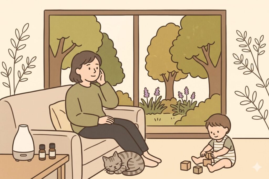 窓辺のソファでくつろぐ女性と、足元で眠る猫、ブロック遊びをする小さな子ども。手前のテーブルにはアロマディフューザーと天然精油が置かれ、ペットや小さな子どもがいる家庭での安全なアロマ空間を描いたイラスト。