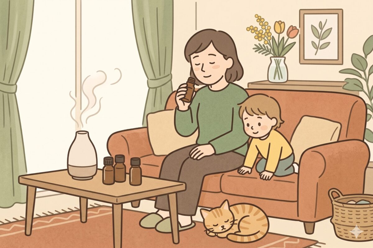 季節に合わせてアロマオイル（精油）を選ぶ女性と、その傍で遊ぶ小さな子ども、リラックスして眠る猫のイラスト。リビングでアロマディフューザーを使用している温かみのある風景。