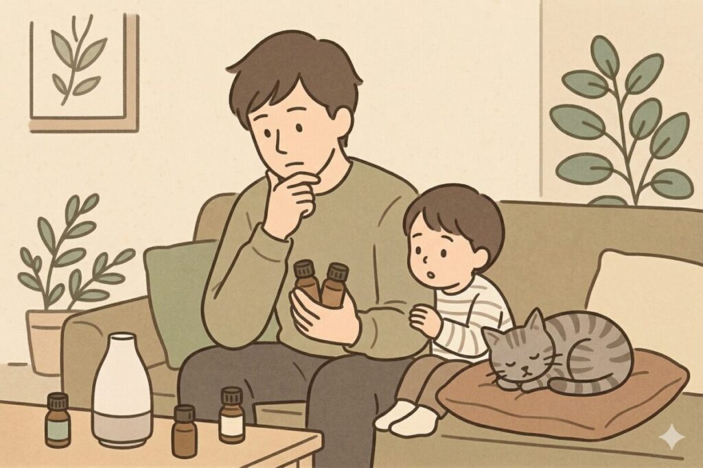 単体精油とブレンド精油のどちらを選ぶべきか、ボトルを手に取りながら悩む男性と子どものイラスト