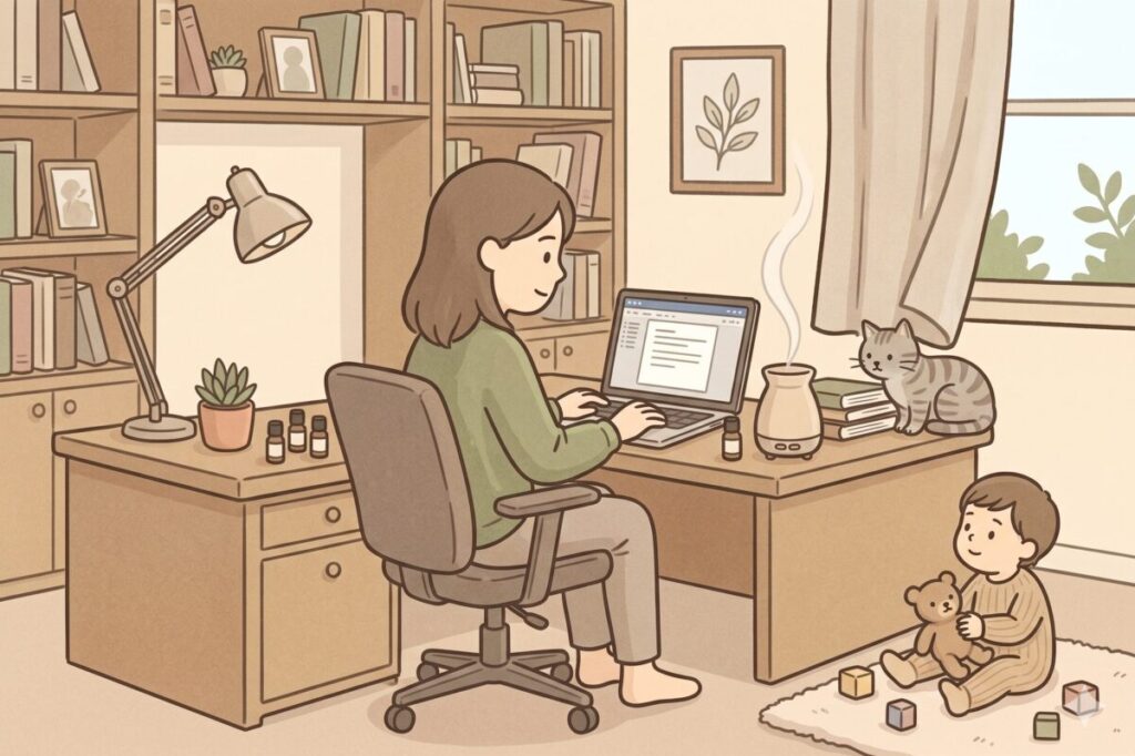 アロマの香りでストレスなくパソコン作業を続ける女性。子どもと猫がいる書斎でのデスクワーク風景。