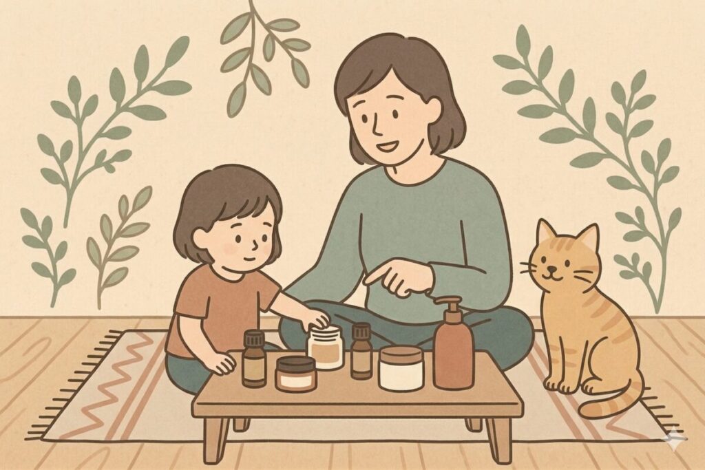 最終的に使い続けている5本の愛用アロマアイテムをテーブルに並べ、子どもや猫と一緒に眺めている女性のイラスト