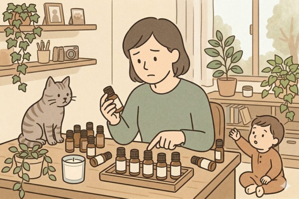 テーブルに並べられたたくさんの精油の小瓶を前に、どれを選べばいいか困った表情で悩んでいる女性のイラスト。テーブルにはトラ猫が座り、床からは小さな子どもが手を伸ばしている。