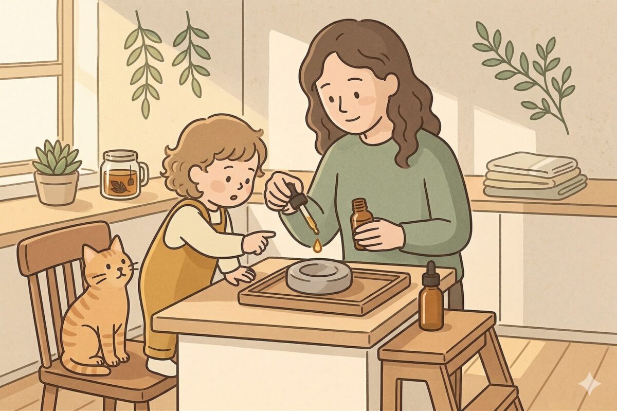 アロマストーンの基本の使い方。女性がテーブルの上にあるアロマストーンのくぼみにアロマオイル（エッセンシャルオイル）を数滴垂らしている、温かみのある手書き風イラスト。傍らでは子供が興味深げに見つめ、猫が座っている。