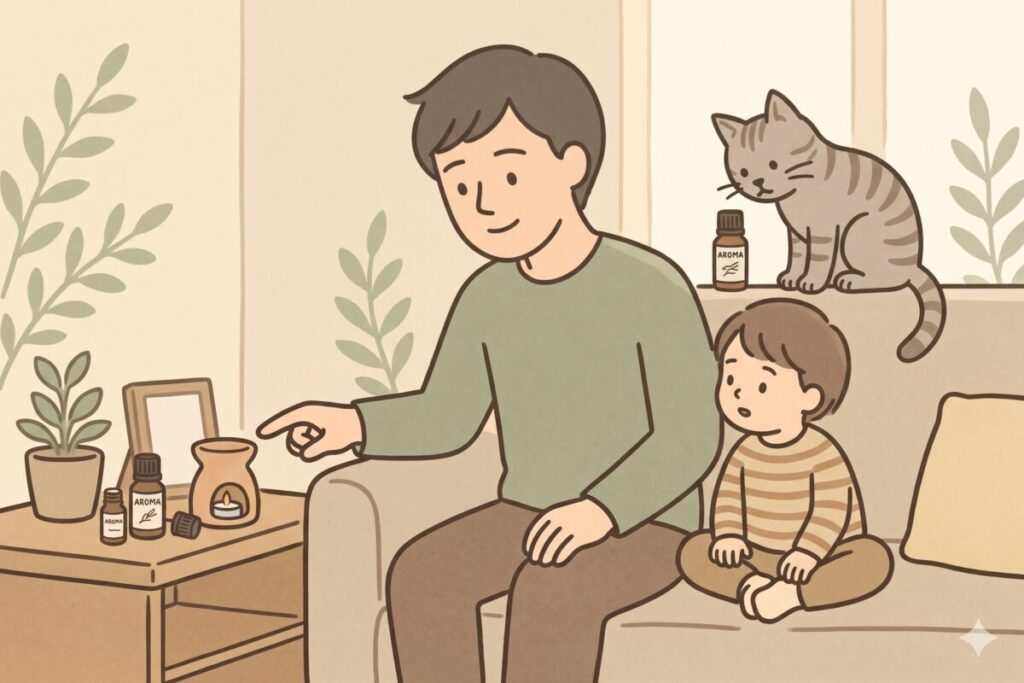 100均アロマをうまく活用している人の共通点。子どもや猫がいる家庭で、安全に配慮しながらアロマグッズを楽しむ男性のイメージイラスト。