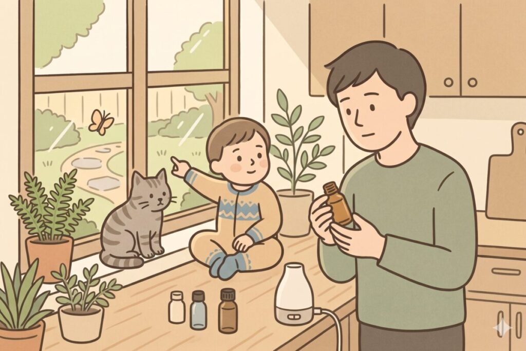 100均の「アロマオイル」と「天然精油」の名前の違いを表したイラスト。キッチンで、ペットや子供がいる環境でのアロマの成分表示を確認する男性。