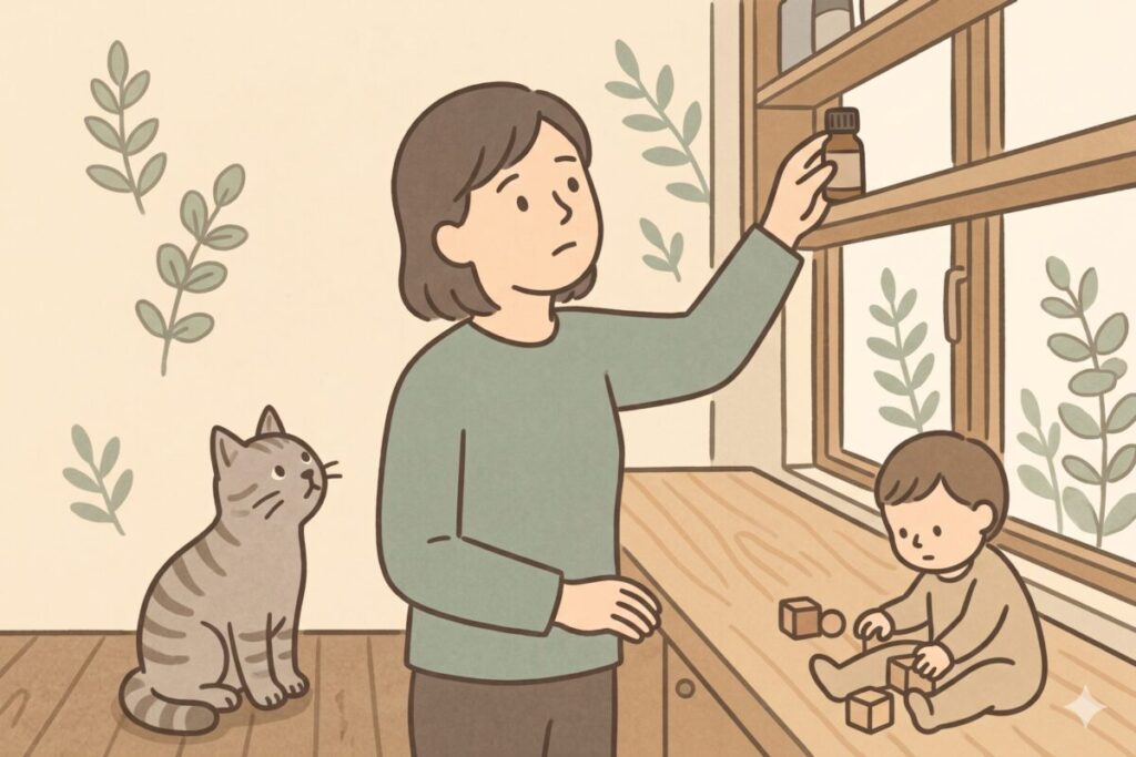 猫や小さな子どもがいる家庭で、100均のアロマオイルを手の届かない窓辺の高い棚に保管して安全に扱う女性のイラスト