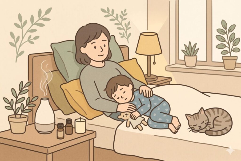 100均のアロマオイルと天然の精油の違いや、寝室での適した使用場面をイメージしたイラスト。子供と猫と一緒にアロマディフューザーでくつろぐ女性。