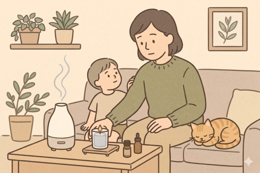 芳香専用アロマオイルの安全性を確認し、子どもやペット（猫）にとって何がOKで何がNGかを考えている女性のイラスト