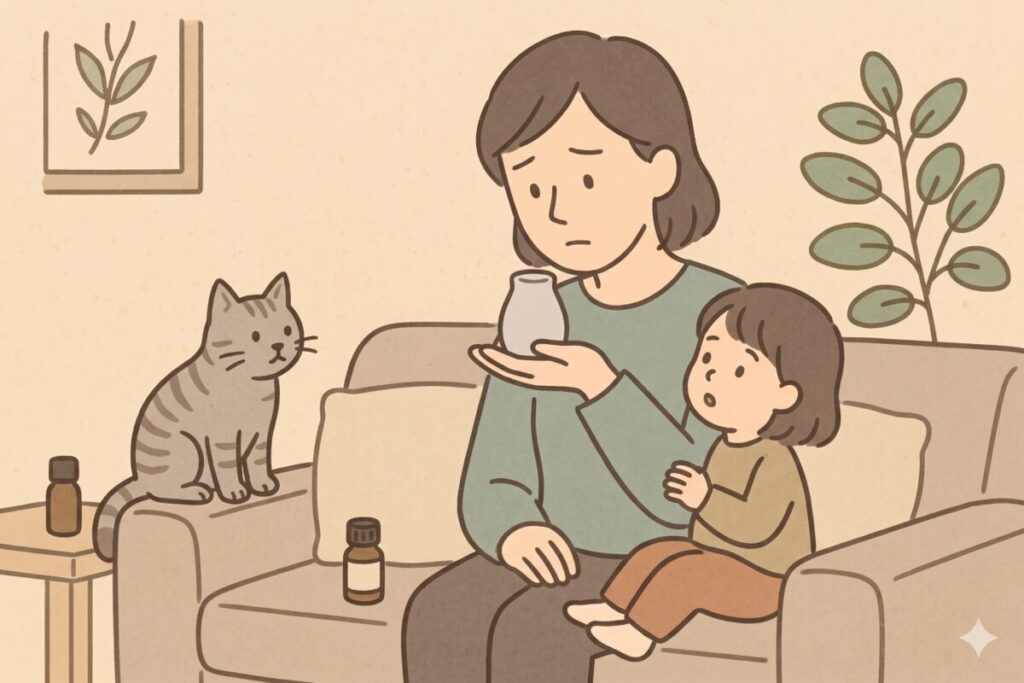 アロマストーンを実際に使ってみた正直な感想。子どもや猫がいるリビング空間での使用イメージイラスト。