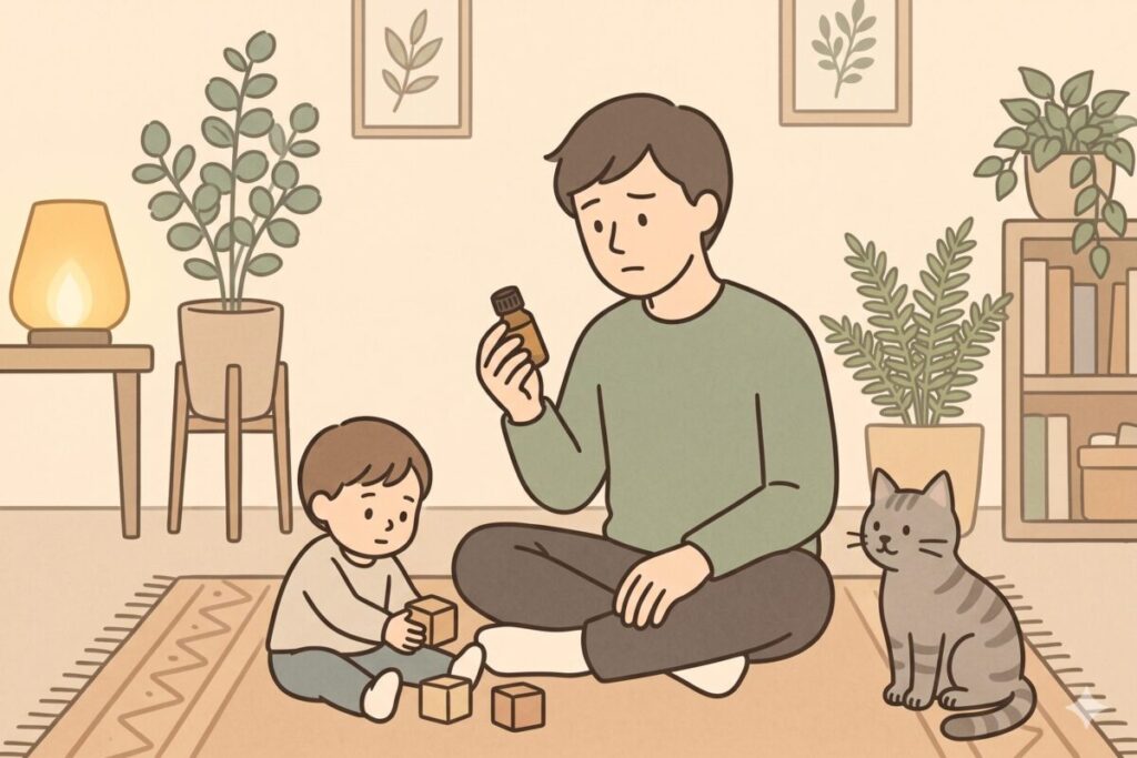 100均のアロマオイルを手に持ち、誰に向いているのかを考えている男性のイラスト