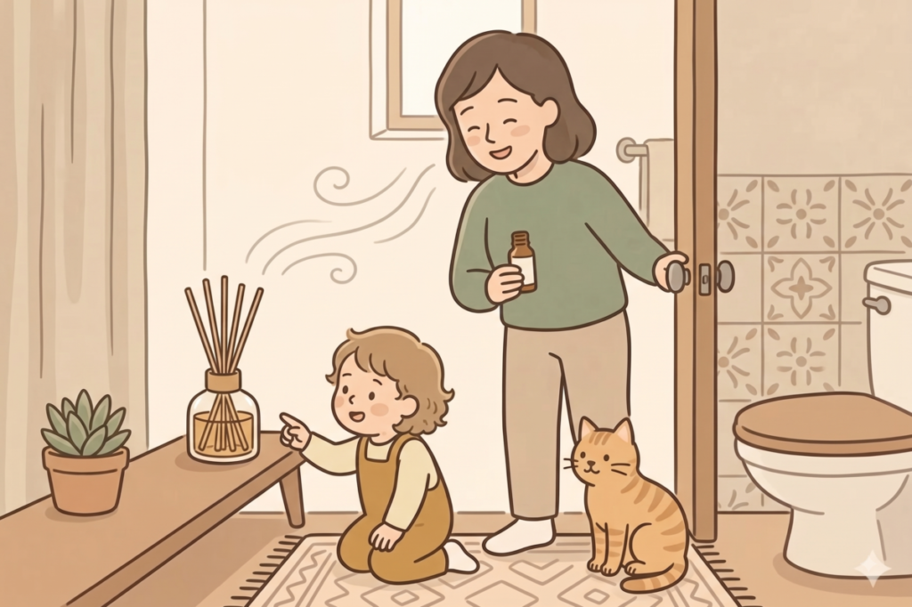ドアを開けた瞬間に広がる心地よいアロマの香りを楽しむ親子のイラスト。トイレのベンチに置かれたリードディフューザーを指差す子どもと、アロマボトルを持つ母親、足元でお座りをする猫が描かれた温かみのある空間。