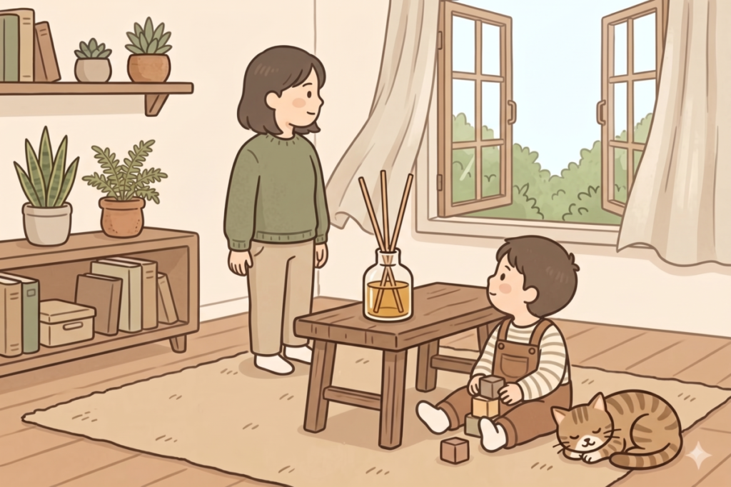 アロマディフューザーのある北欧風リビングで、窓を開けて換気をする女性。子供と猫のいる、手書き風イラスト。