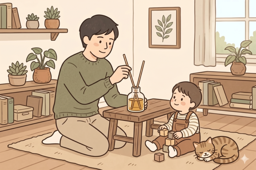 北欧風リビングでアロマディフューザー(リードディフューザー)を使う男性。子供と猫がくつろぐ、手書き風イラスト。