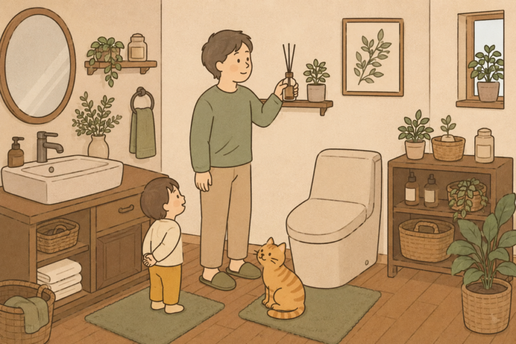 トイレのアロマを目線の高さに置きリードスティックを使う男性と子ども