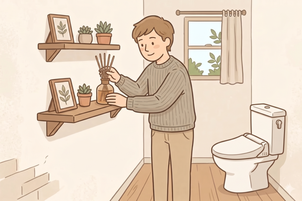 トイレの壁面棚にリードディフューザーを設置している大人の男性のイラスト
