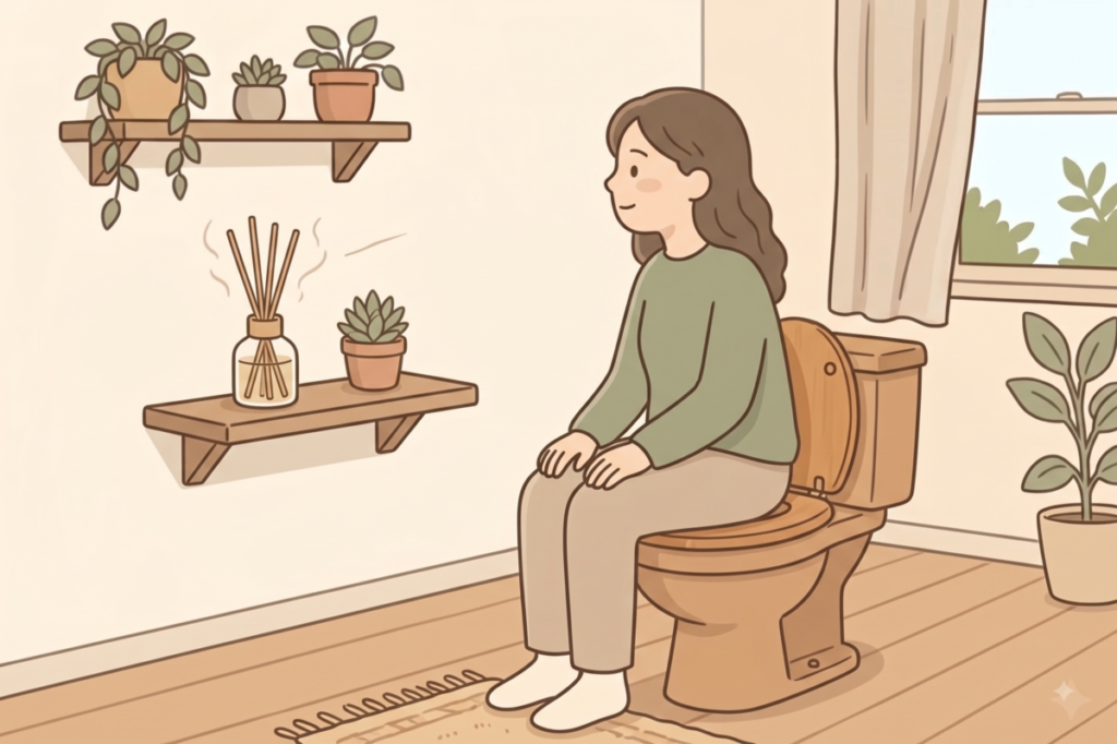 トイレに座り、目線より少し下の位置にある棚のリードディフューザーを見ている大人の女性のイラスト